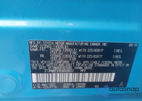 2019 Toyota Rav4 Hybrid Le z USA, uszkodzony, nr VIN 2T3MWRFV4KW040832